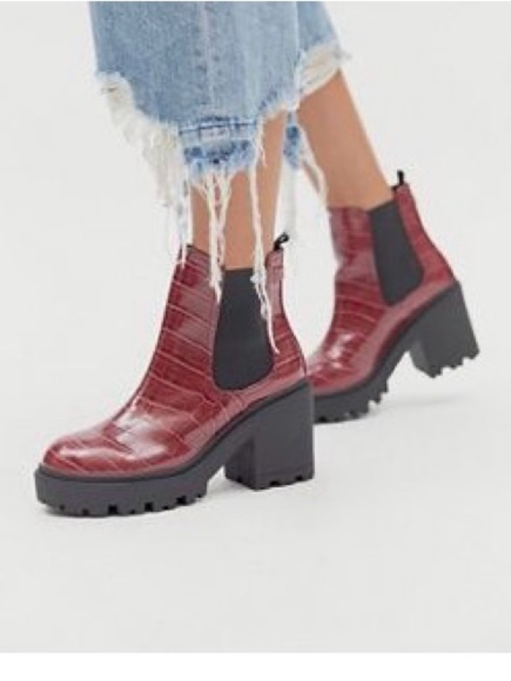 Urban Outfitters Red Croc-Effect Chunky Chelsea Booties